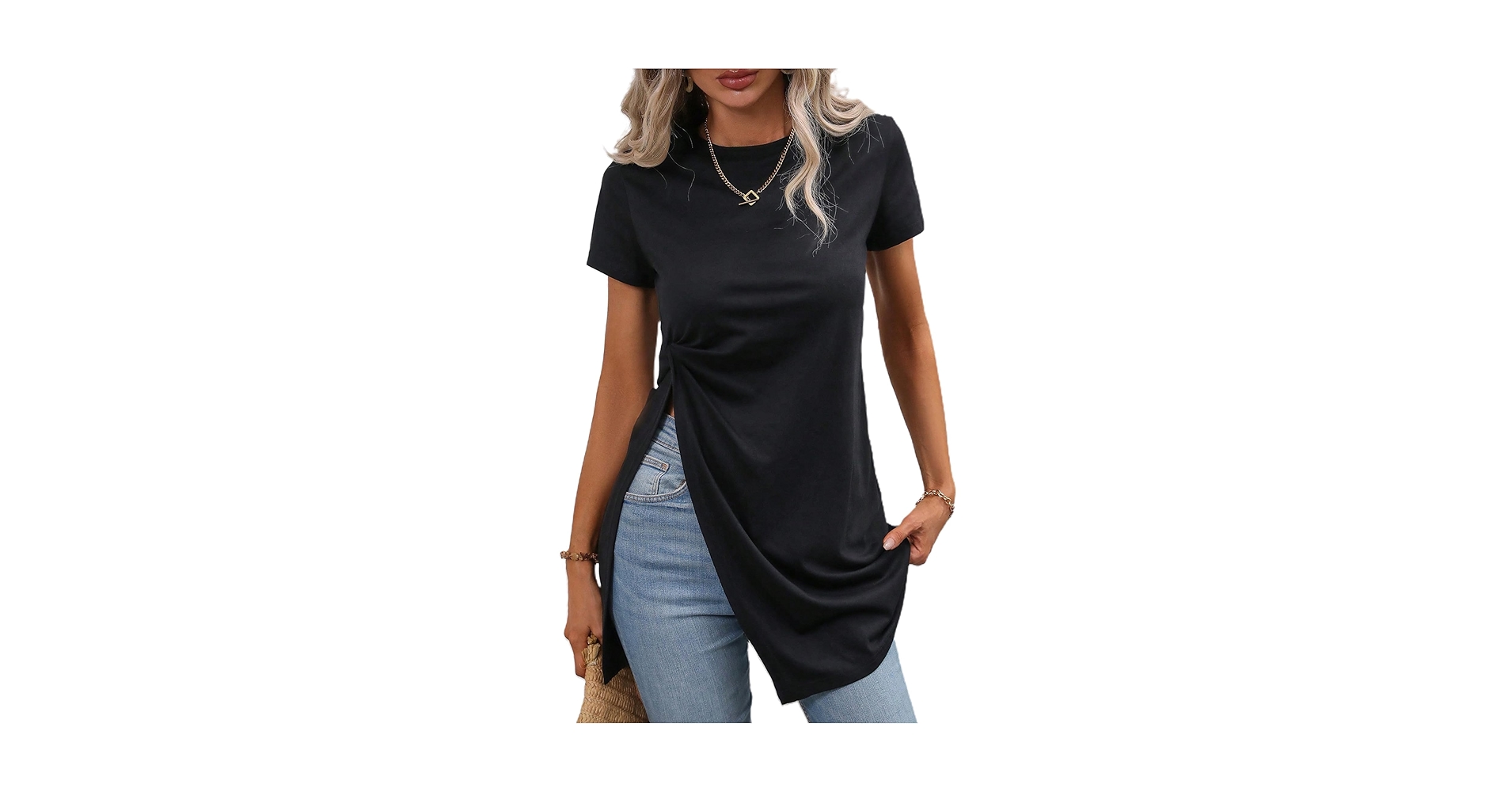 トップス Basic Side Slit Punch The Dough TShirt Remidoo Women's Split Hem T Shirt Round Neck Short Sleeve